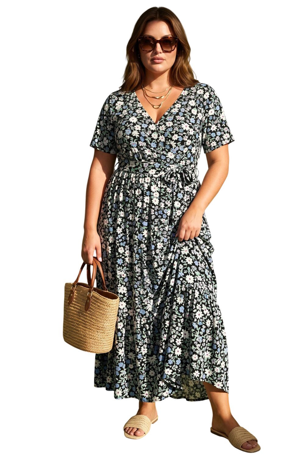 Plus-Size Gemustertes Wickel-Maxi-Kleid