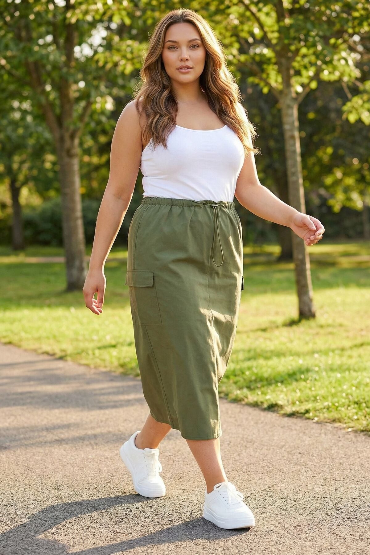 Plus-Size-Cargorock in Midi-Länge mit gerafftem Bund und Rückenschlitz