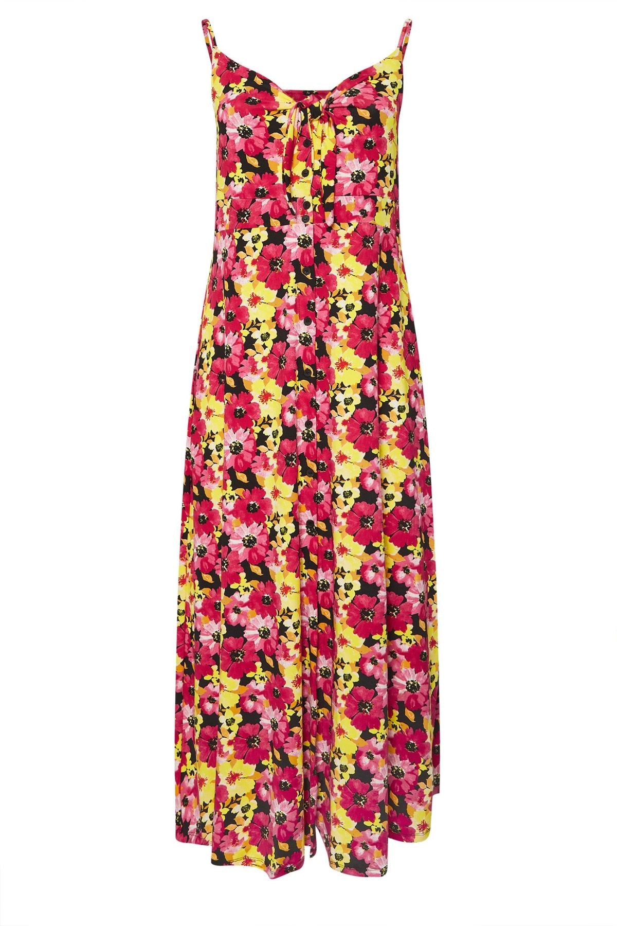 Plus Size Kleid mit Raffung vorne, Trägern, Blumenmuster und Knöpfen