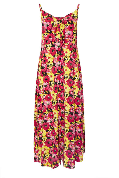 Plus Size Kleid mit Raffung vorne, Trägern, Blumenmuster und Knöpfen