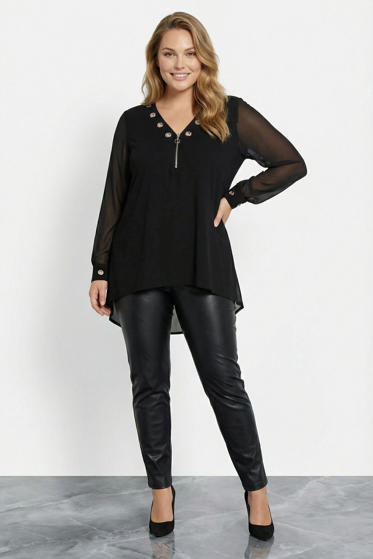 Große Größen Schwarze Bluse mit Ärmeln 110880