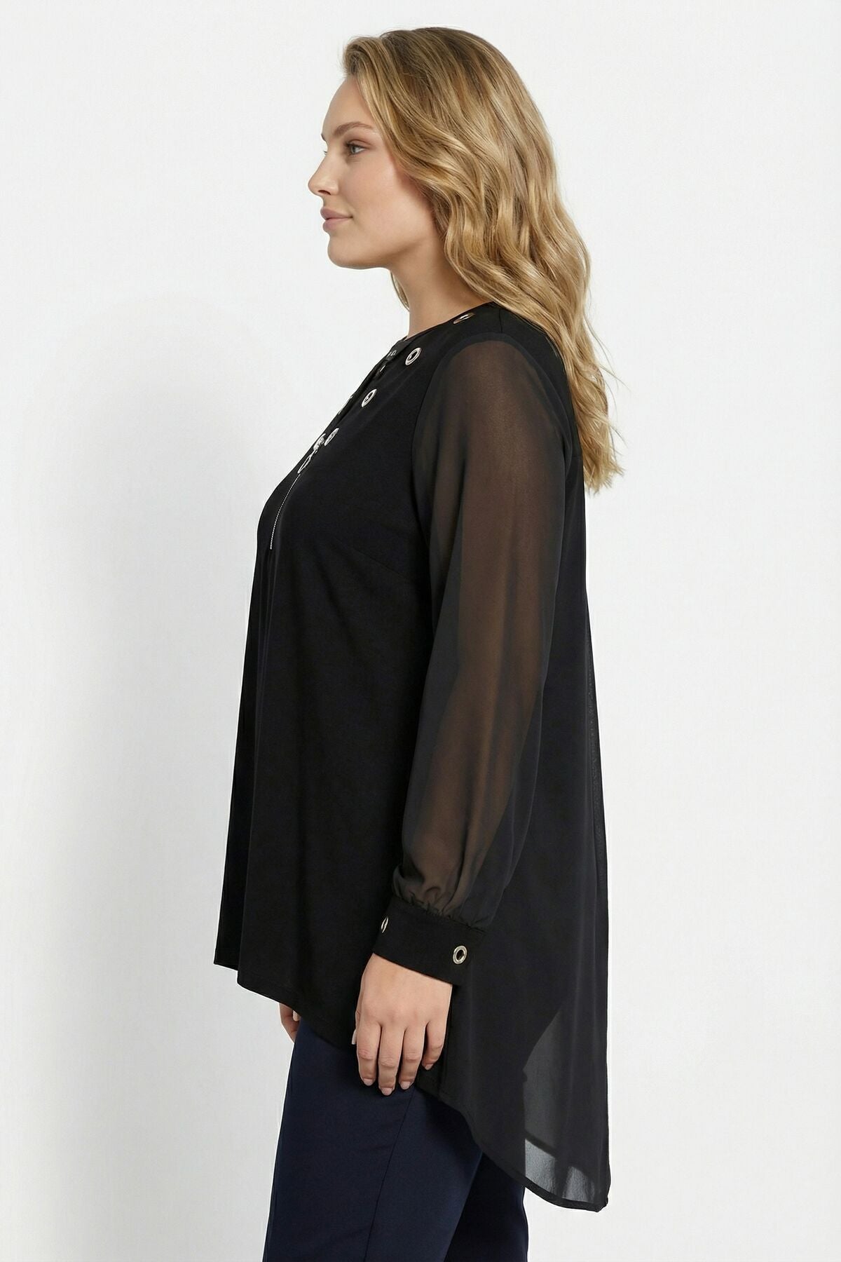 Große Größen Schwarze Bluse mit Ärmeln 110880