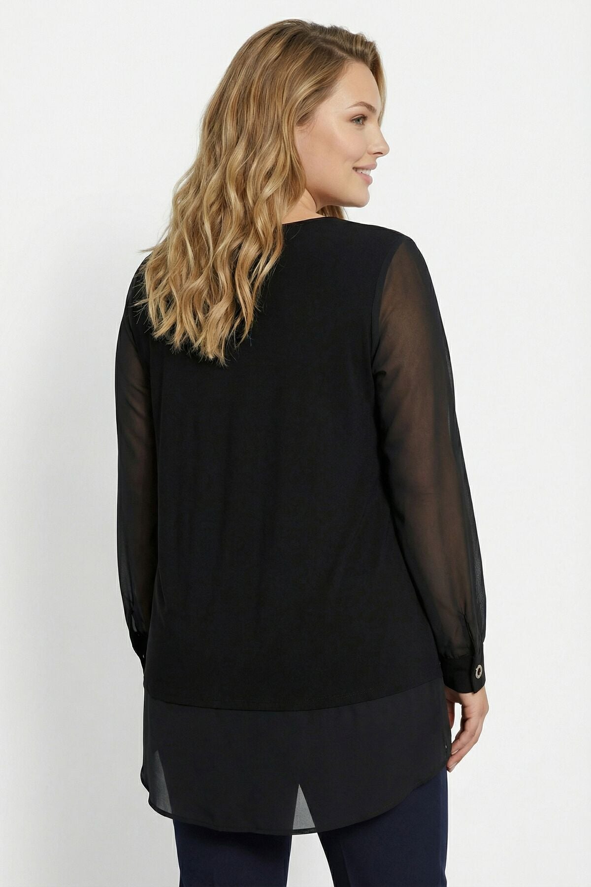 Große Größen Schwarze Bluse mit Ärmeln 110880