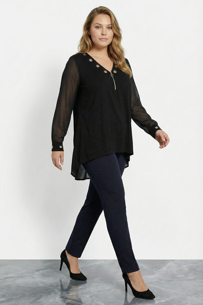 Große Größen Schwarze Bluse mit Ärmeln 110880