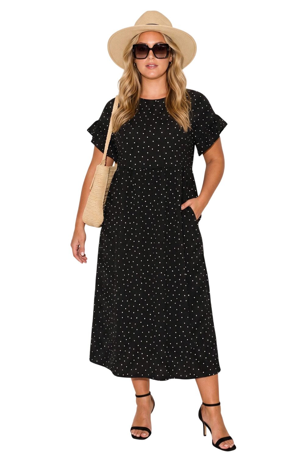 Große Größen Polka Dot Midi Kleid mit Taschen