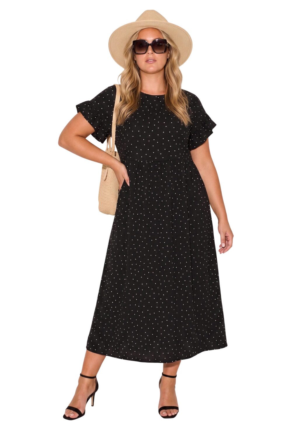 Große Größen Polka Dot Midi Kleid mit Taschen