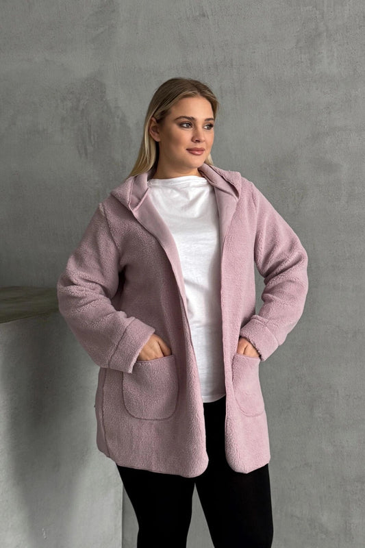 Plüschjacke in Übergröße mit langen Ärmeln, Kapuze, offener Vorderseite und Taschen