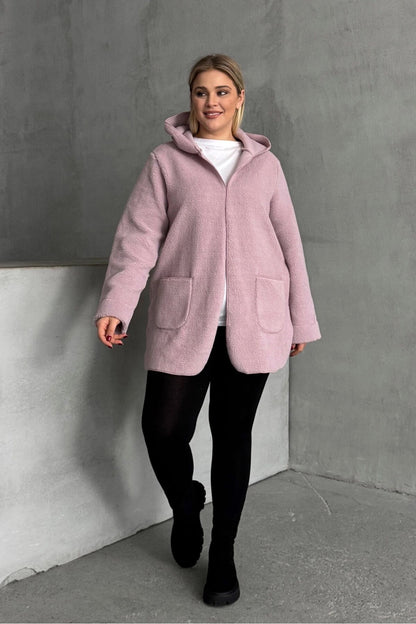 Plüschjacke in Übergröße mit langen Ärmeln, Kapuze, offener Vorderseite und Taschen