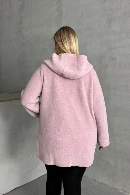 Plüschjacke in Übergröße mit langen Ärmeln, Kapuze, offener Vorderseite und Taschen