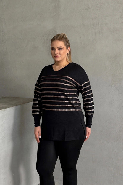 Bluse in Übergröße mit langen Ärmeln, V-Ausschnitt und elastischen Bündchen