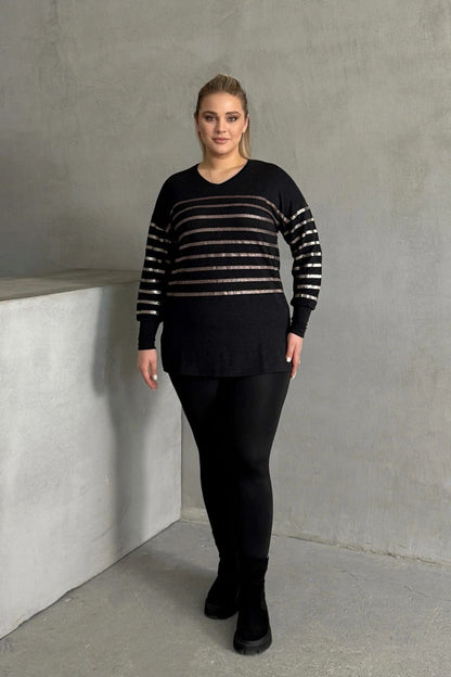 Bluse in Übergröße mit langen Ärmeln, V-Ausschnitt und elastischen Bündchen