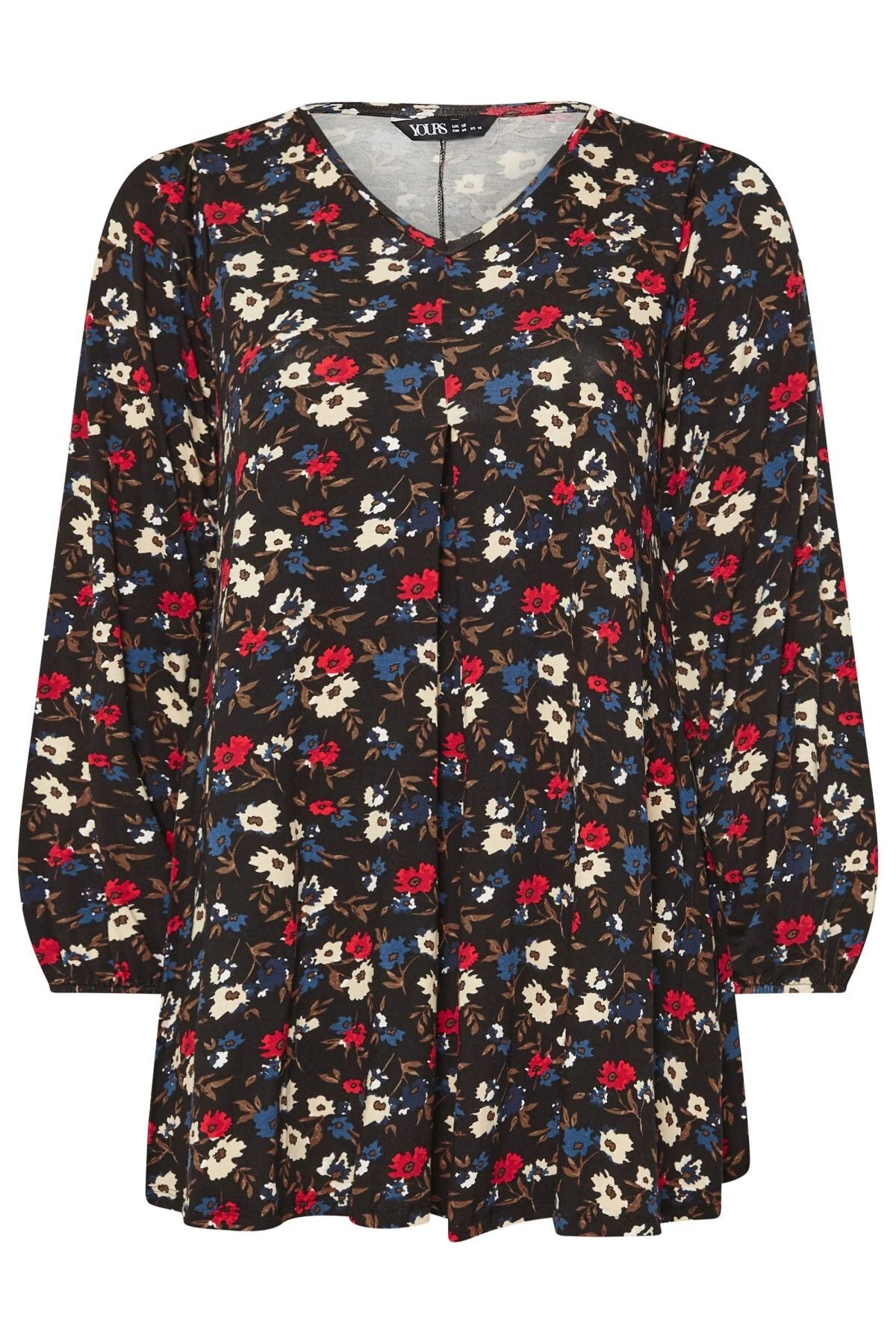 Bluse in Übergröße mit langen Ärmeln, V-Ausschnitt, Falten vorne und Blumenmuster