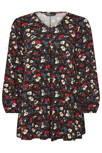 Bluse in Übergröße mit langen Ärmeln, V-Ausschnitt, Falten vorne und Blumenmuster