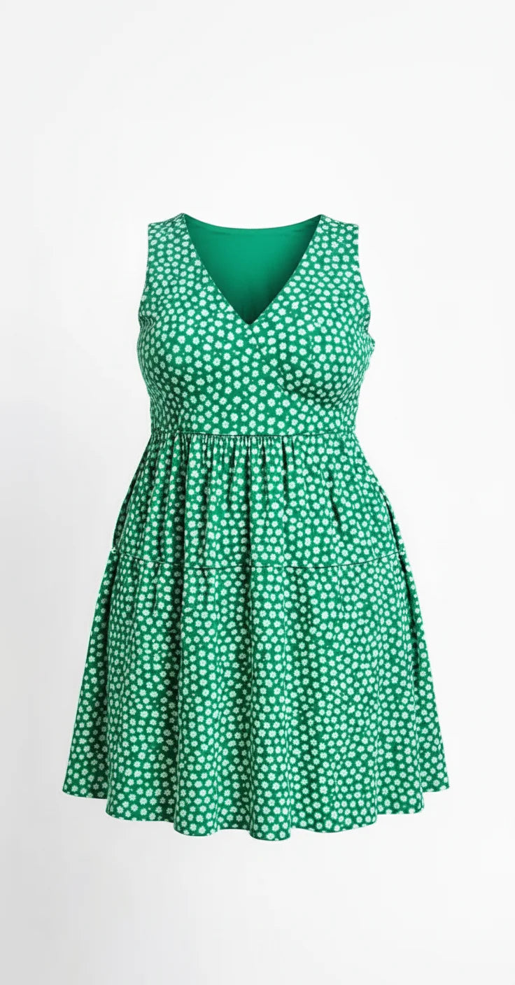 Plus-Size-Kleid mit V-Ausschnitt, elastischem Bund und Blumenmuster