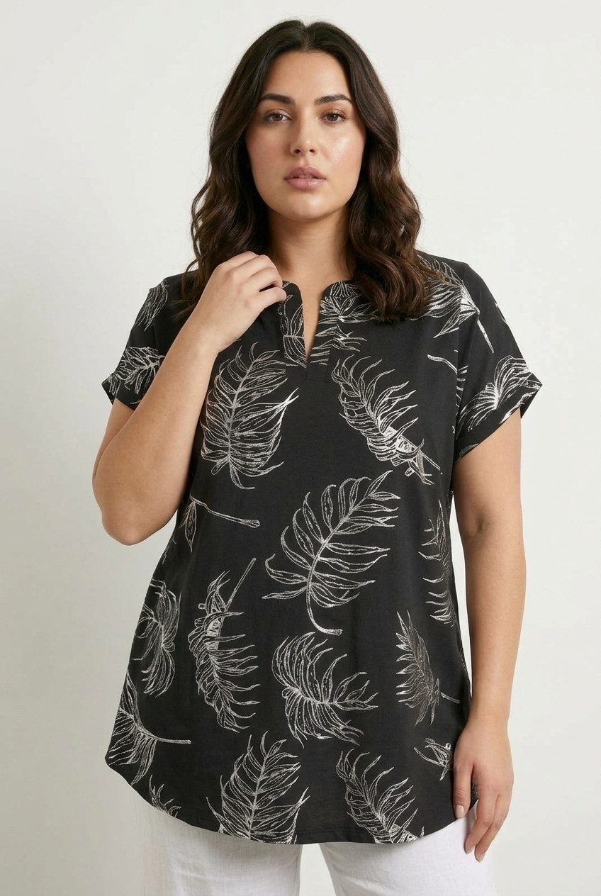 Plus Size V-Ausschnitt Blätter T-Shirt