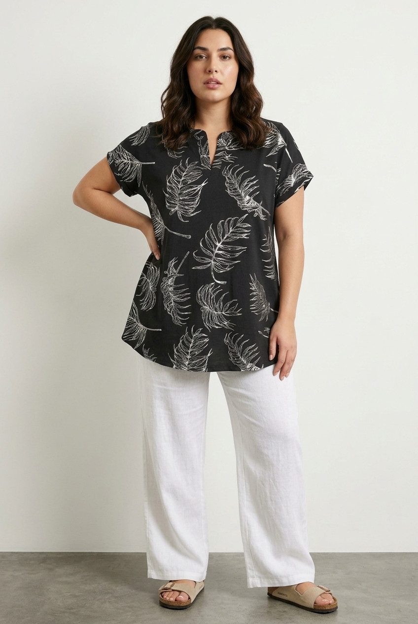 Plus Size V-Ausschnitt Blätter T-Shirt