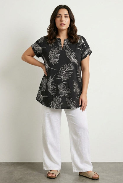 Plus Size V-Ausschnitt Blätter T-Shirt