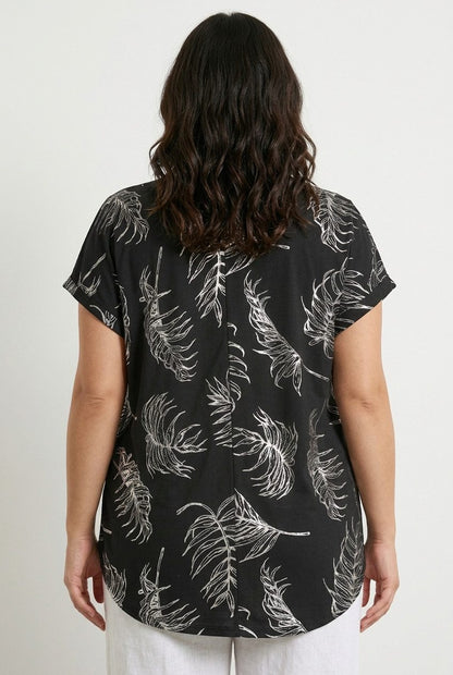 Plus Size V-Ausschnitt Blätter T-Shirt