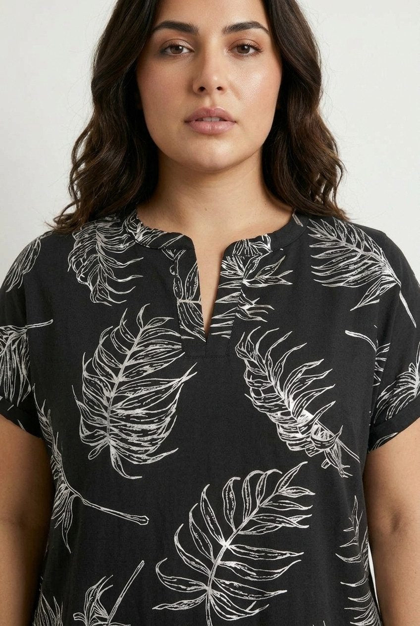 Plus Size V-Ausschnitt Blätter T-Shirt