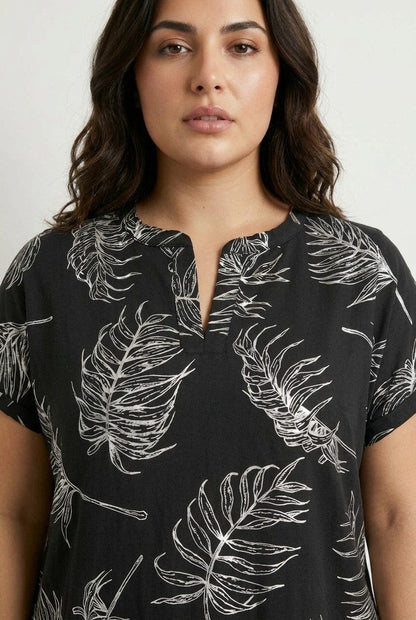Plus Size V-Ausschnitt Blätter T-Shirt