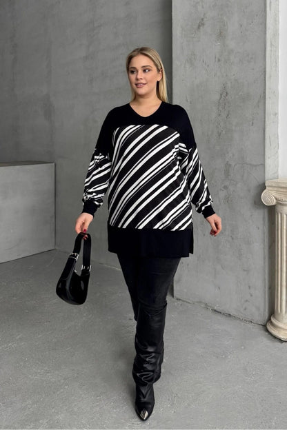 Plus-Size-Bluse mit V-Ausschnitt, langen Ärmeln, elastischen Bündchen und Schlitzen