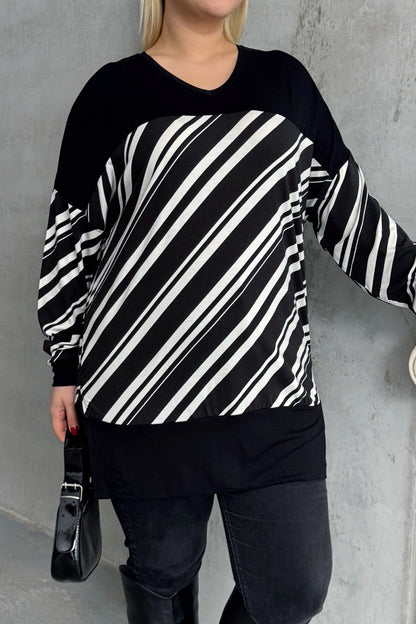 Plus-Size-Bluse mit V-Ausschnitt, langen Ärmeln, elastischen Bündchen und Schlitzen
