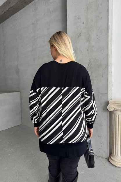 Plus-Size-Bluse mit V-Ausschnitt, langen Ärmeln, elastischen Bündchen und Schlitzen