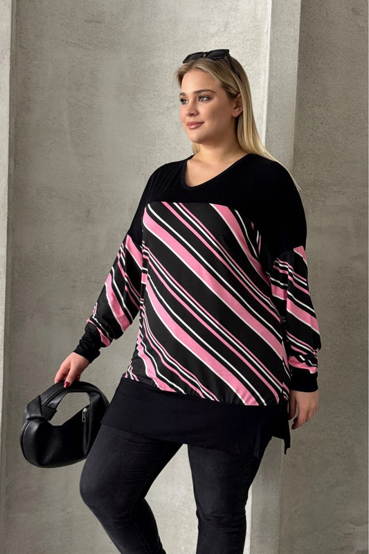 Plus-Size-Bluse mit V-Ausschnitt, langen Ärmeln, elastischen Bündchen und Schlitzen