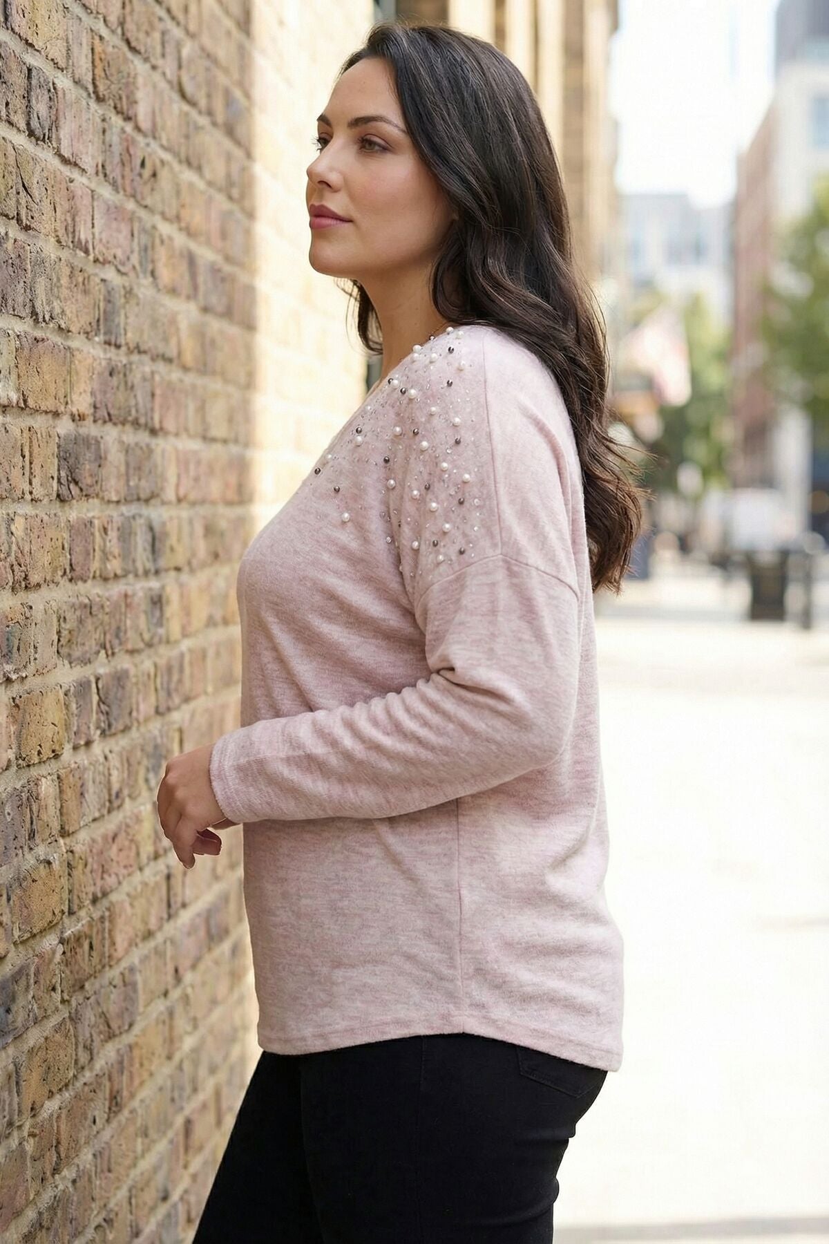 Plus Size V-Ausschnitt Langarm-Plüsch-Sweatshirt mit Perlenbesatz