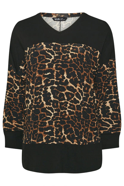 Bluse mit Leopardenmuster und V-Ausschnitt in Übergröße, langärmlig