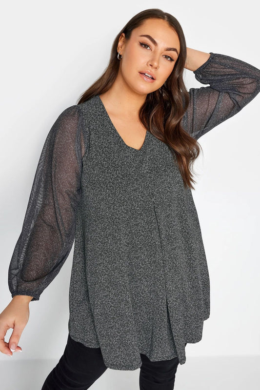 Plus-Size-Bluse mit V-Ausschnitt, langen Ärmeln, Falten vorne und Tüllbesatz, aus dehnbarem Material