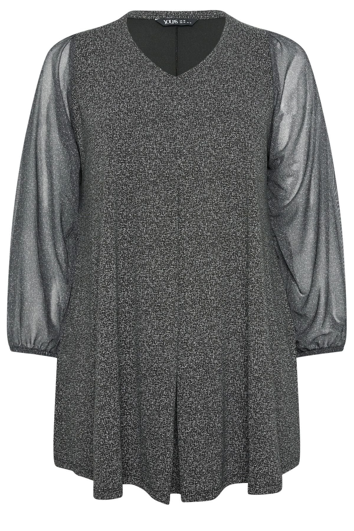 Plus-Size-Bluse mit V-Ausschnitt, langen Ärmeln, Falten vorne und Tüllbesatz, aus dehnbarem Material