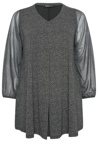 Plus-Size-Bluse mit V-Ausschnitt, langen Ärmeln, Falten vorne und Tüllbesatz, aus dehnbarem Material