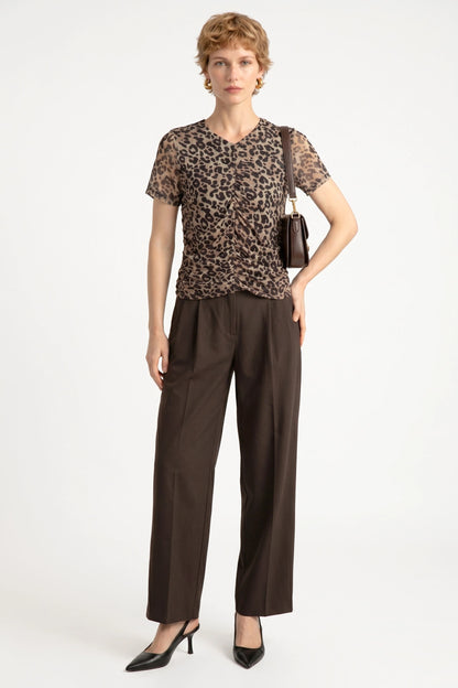 Leopardenmuster Bluse mit Raffung