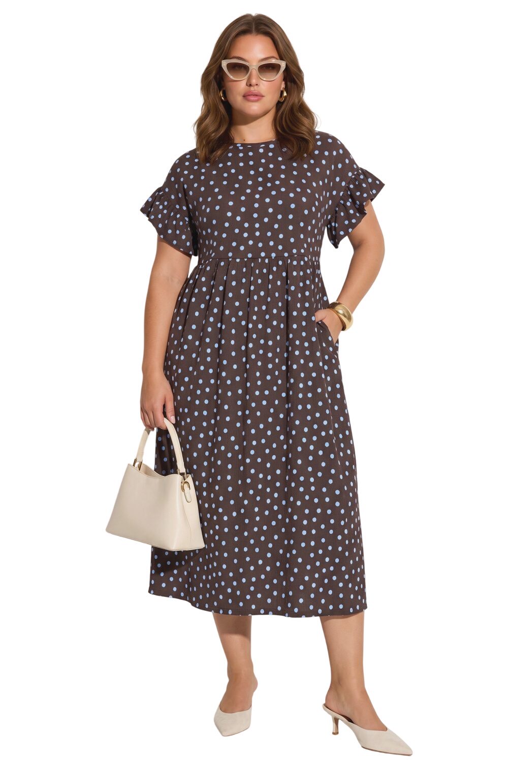 Plus-Size Punkte Rüschenkleid mit Taschen