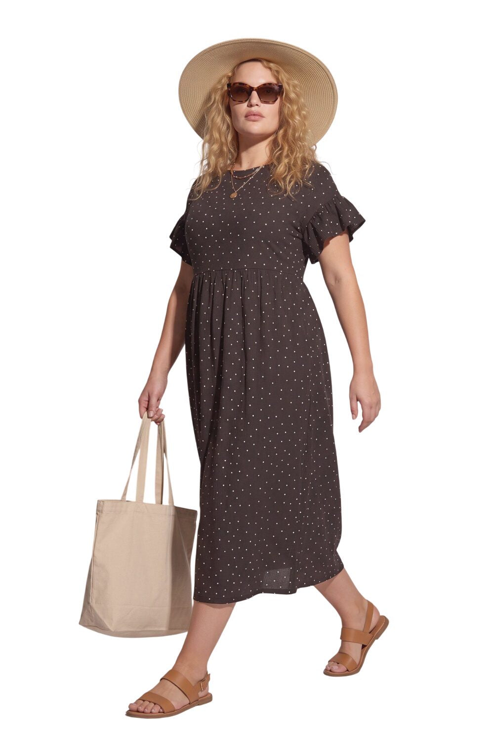 Plus-Size Punkte Rüschenkleid mit Taschen