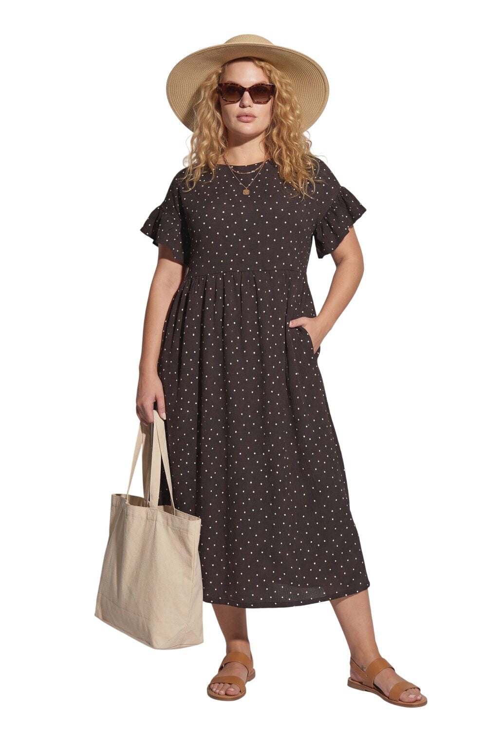 Plus-Size Punkte Rüschenkleid mit Taschen