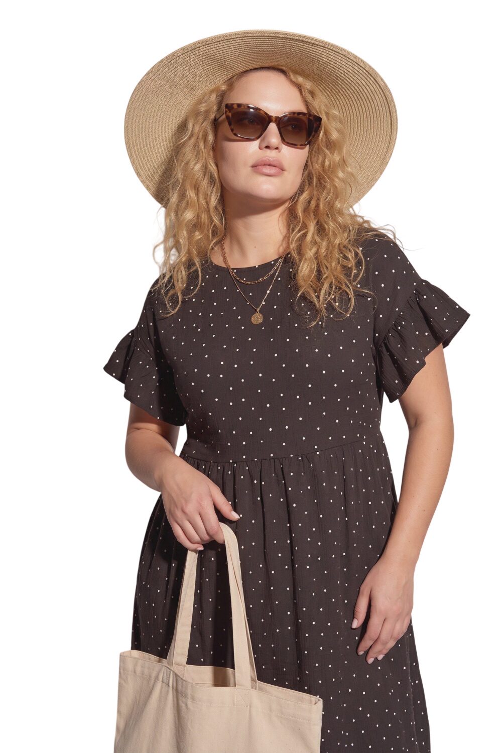 Plus-Size Punkte Rüschenkleid mit Taschen
