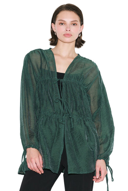 Bluse mit gerafftem Bindegürtel, schwarz