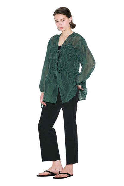 Bluse mit gerafftem Bindegürtel, schwarz