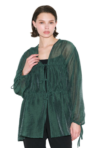 Bluse mit gerafftem Bindegürtel, schwarz
