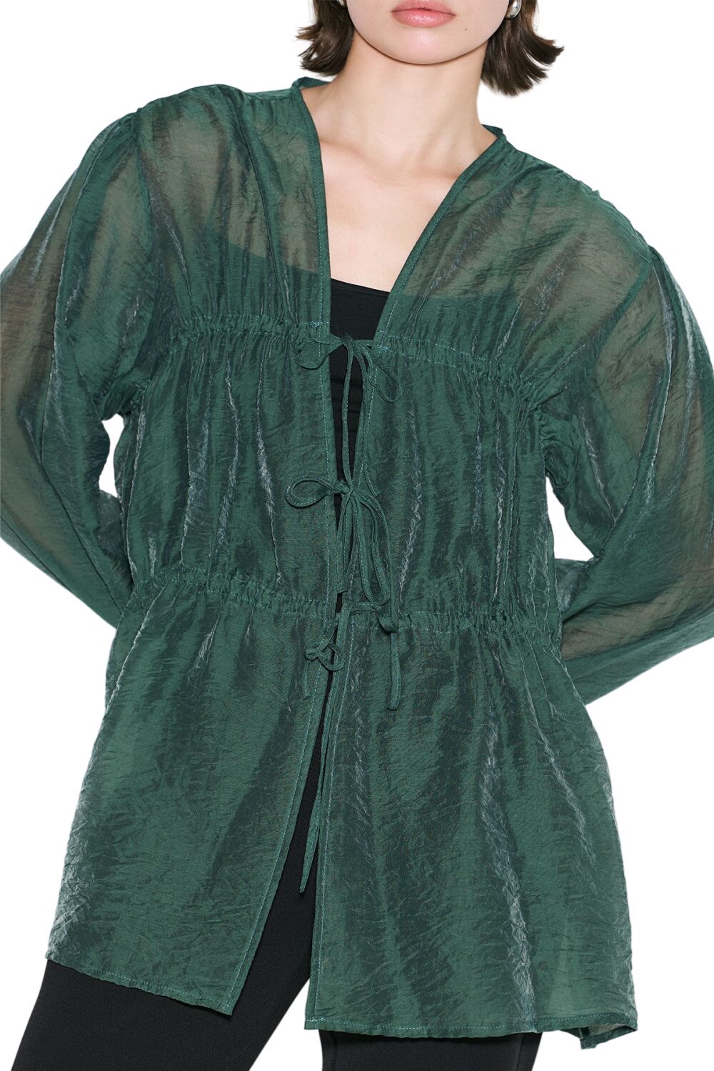 Bluse mit gerafftem Bindegürtel, schwarz