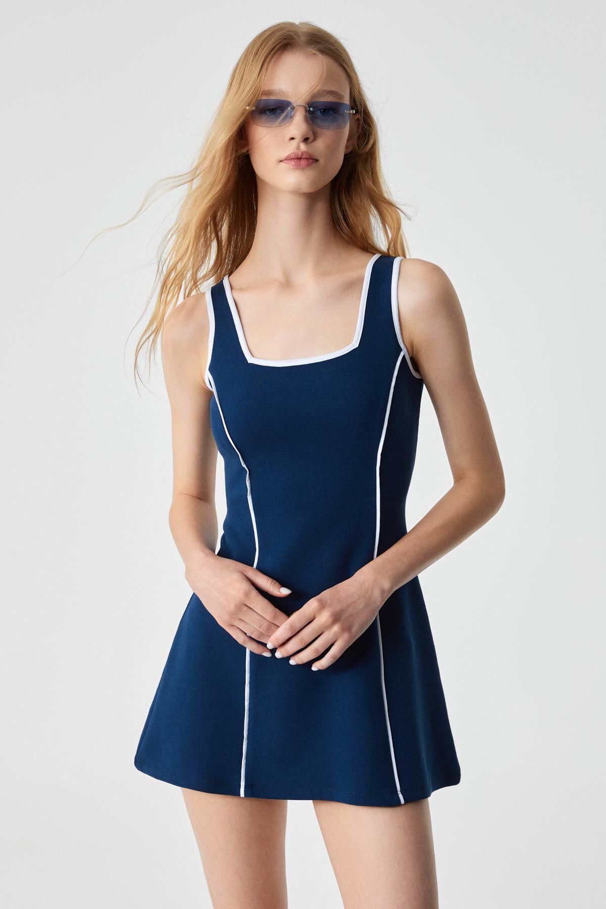ETHIQUET Damen ärmelloses Kleid U-Ausschnitt Marineblau