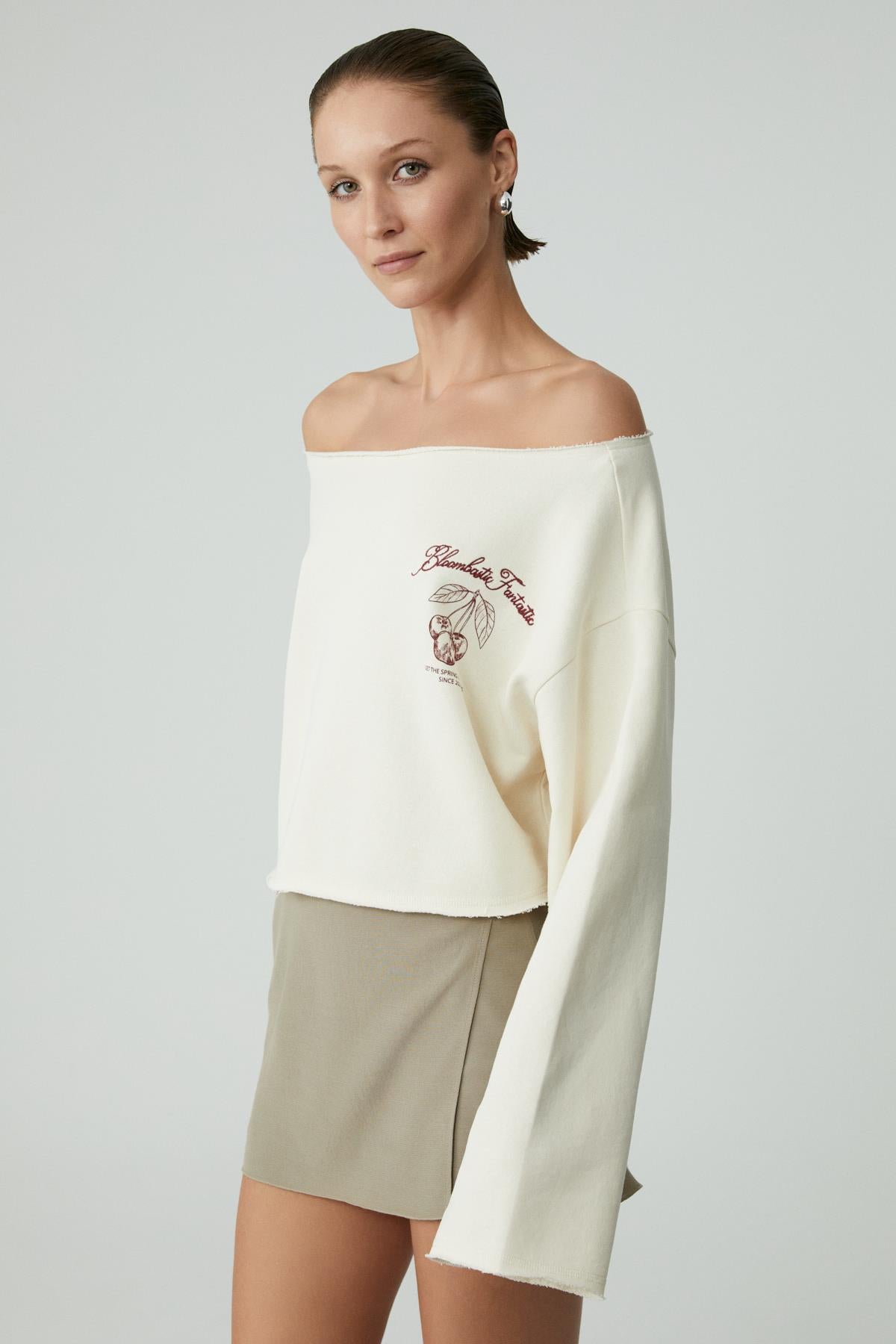 ETHIQUET Damen Asymmetrisches Print Sweatshirt Ecru