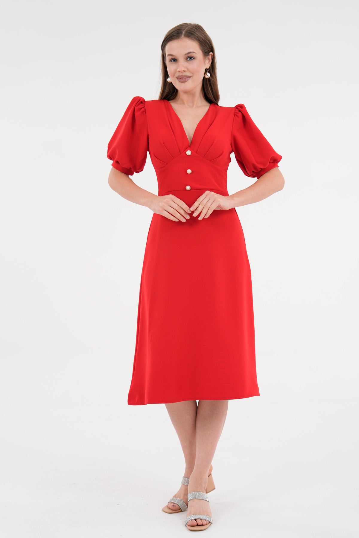 Midikleid mit Blumenmuster und V-Ausschnitt