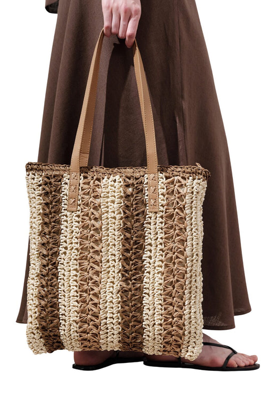 Gestreifte Korbtasche, beige