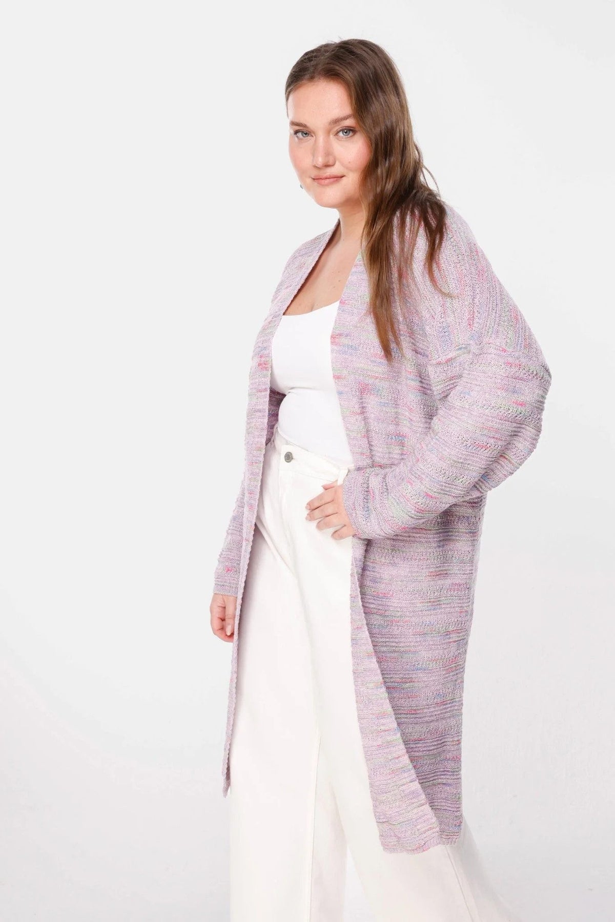 Gestreifter, fein strukturierter Langarm-Strickcardigan