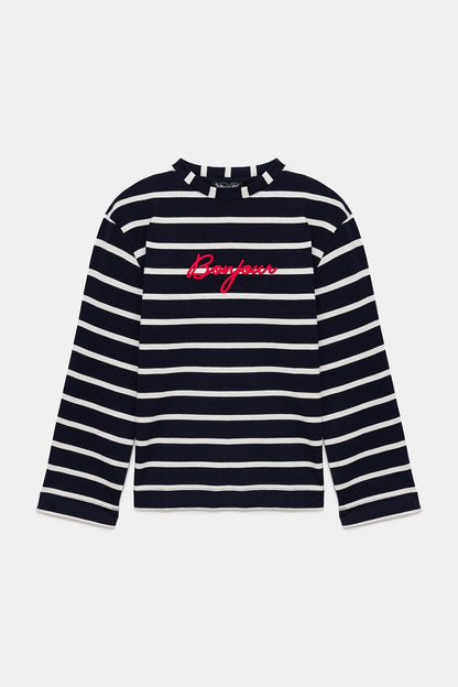 Gestreiftes Sweatshirt mit bestickter Vorderseite und gepolsterten Schultern