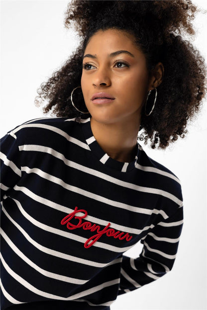 Gestreiftes Sweatshirt mit bestickter Vorderseite und gepolsterten Schultern