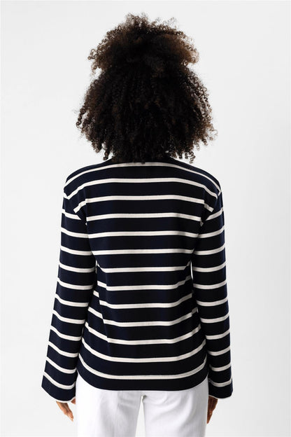 Gestreiftes Sweatshirt mit bestickter Vorderseite und gepolsterten Schultern